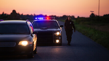 Highway Traffic Patrol Car Pulls over Vehicle on the Road. Male Police Officer Approaches and Asks Driver for License and Registration. Officer of the Law doing Job Professionally. Cinematic Wide Shot - obrazy, fototapety, plakaty