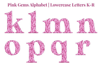 Pink gems alphabet set, includes font or letters in uppercase and lowercase, numbers, punctuation marks, and symbols