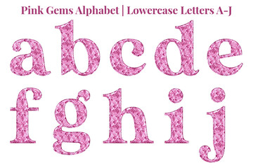 Pink gems alphabet set, includes font or letters in uppercase and lowercase, numbers, punctuation marks, and symbols