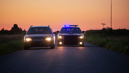 Highway Traffic Patrol Car Pulls over Vehicle on Road. Male Police Officer Approaches Driver Asks for License and Registration, Black Female Colleague Covers Him. Cinematic Dusk Wide Shot © Gorodenkoff