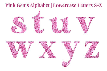 Pink gems alphabet set, includes font or letters in uppercase and lowercase, numbers, punctuation marks, and symbols