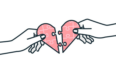 寄り添うイメージ。ハートのピースを合わせるベクターイラスト素材。