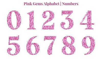 Pink gems alphabet set, includes font or letters in uppercase and lowercase, numbers, punctuation marks, and symbols