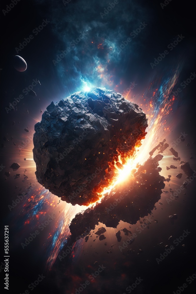 Wall mural planet explosion. earth destruction. meteor disaster. planet earth exploding and shattering in half.