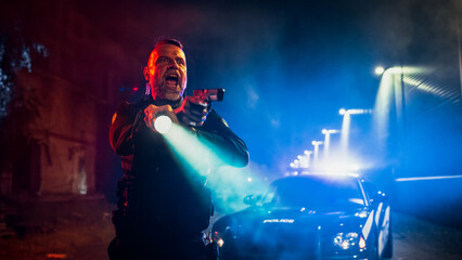 Portrait of Professional Police Officer Unholsters His Gun and Starts Aiming it at Criminal, Orders...