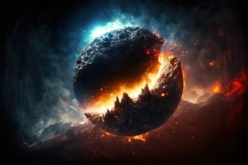 Planet explosion. Earth destruction. Meteor disaster. Planet earth exploding and shattering in half. Meteor storm. Outer space explosions, meteors, planets and stars.