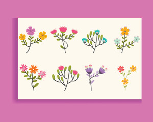 Set of spring colorful flowers. Set of floral branches. Isolated on white for greeting cards, Easter, and thanksgiving. Spring set, hand-drawn elements.