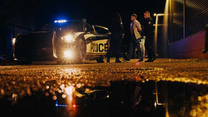 Two Police Officers Arrest Suspect, Put Him in Patrol Сar. Officers of the Law Handcuff Dangerous Criminal on Dark City Street. Cops Arresting Felon, Fight Crime. Cinematic Documentary © Gorodenkoff