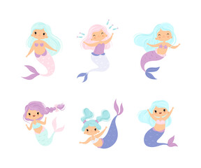 Obraz na płótnie Canvas Cute Mermaid with Waving Hair Floating Underwater Vector Set