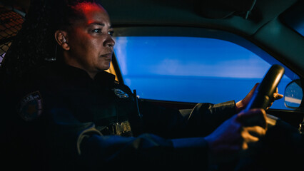 Inside Police Traffic Patrol Squad Car: Black Female Police Officer on Duty, Receives Emergency Scanner Radio Call from Center Dispatcher, Responds, Turn on Sirens and Drives to Crime Scene - obrazy, fototapety, plakaty