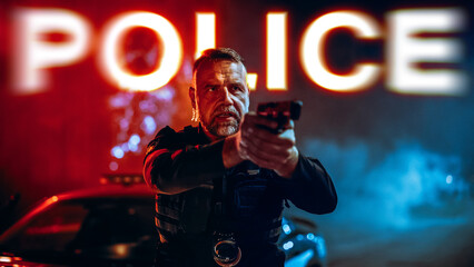 Cinematic Shot: Horizontal Poster with Male Middle Aged Caucasian Officer Aiming a Gun in Red and...