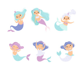 Obraz na płótnie Canvas Cute Mermaid with Waving Hair Floating Underwater Vector Set