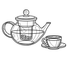 Teapot with tea and a cup. Black and white vector image. Coloring.