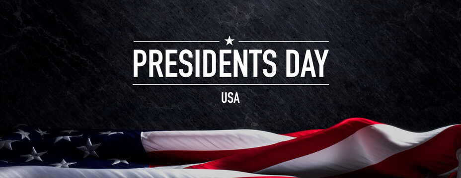 Presidents day Banner. Authentic Holiday Background with United States Flag on Black Stone.