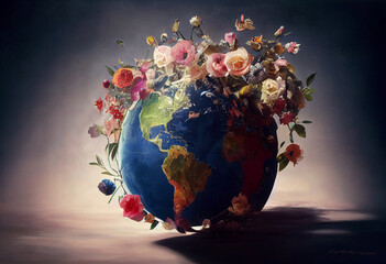Planet earth and flowers. Spring has come to planet.
