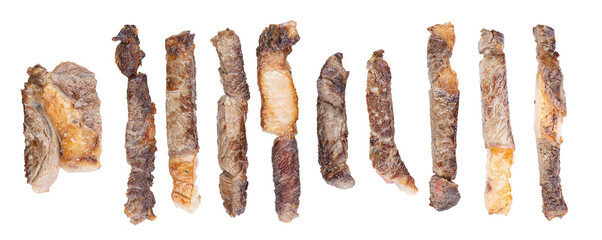 Grilled beef steak slices with spices isolated on white background. With clipping path. Full depth of field. Focus stacking