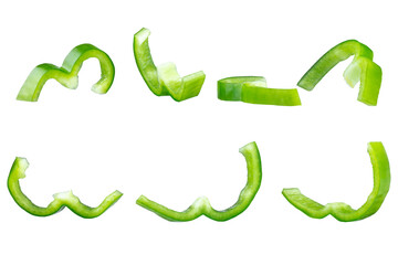 Set of fresh whole and sliced green bell pepper isolated on white background. With clipping path. Full depth of field. Focus stacking