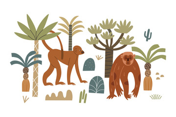 Vector illustration with monkeys and palm trees. Vector illustration in hand drawn style