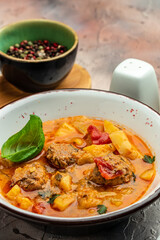 vegetable soup with stewed vegetables and meat, banner, menu, recipe place for text, top view