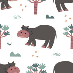 Seamless pattern with a hippo. Children's fashion print for textiles and wallpaper.