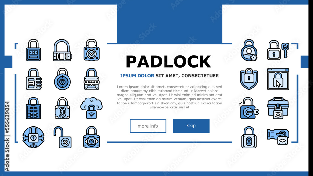 Poster padlock lock safe password key landing web page vector. privacy secure, security protection, interne