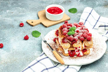 Tiramisu with raspberry Homemade delicious tiramisu with fresh raspberry. place for text, top view