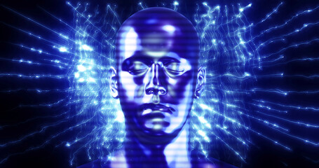 Abstract Digital Human Artificial Intelligence Face. Analyzing Big Data. Technology And Science Related 3D Illustration Render.