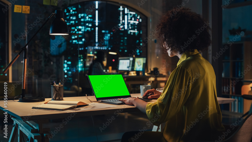 Poster Creative Multiethnic Female Working on Laptop Computer with Green Screen Mock Up Display. Successful Project Manager Browsing Internet, Writing Tasks, Developing a Marketing Strategy for a Partner.