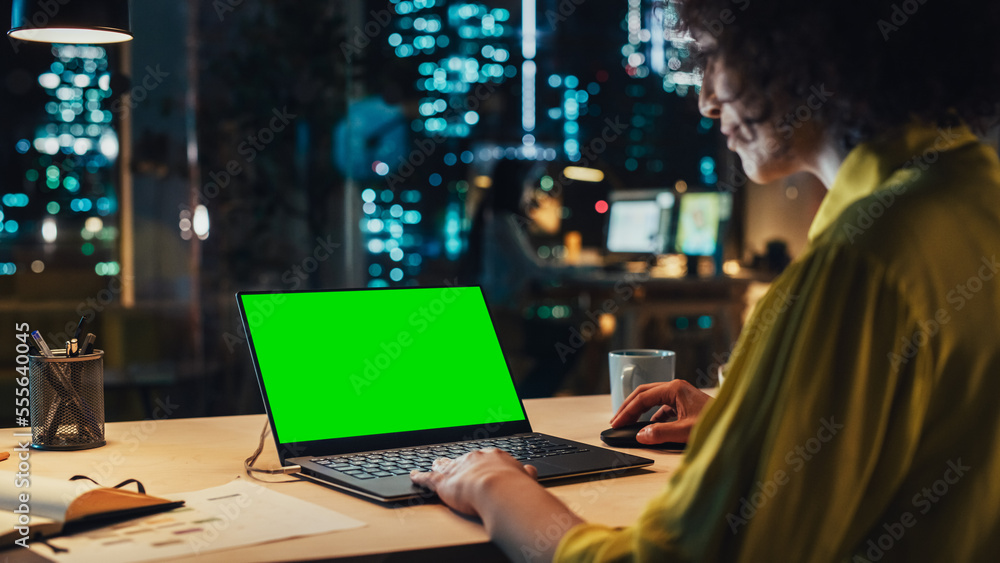 Poster specialist writing corporate project plan on laptop computer with green screen mock up display. conf