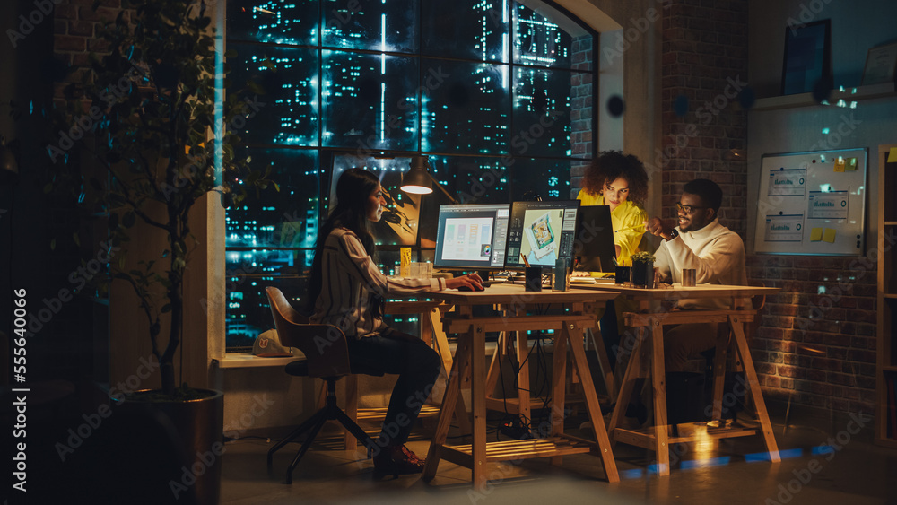 Aufkleber Art Director and Graphic Designer Discussing a Marketing Campaign for Business Partner. Successful Small Diverse Team of Colleagues Working in the Office Together at Night.