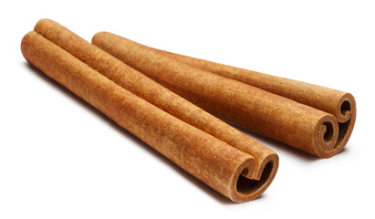 Two delicious cinnamon sticks, isolated on white background