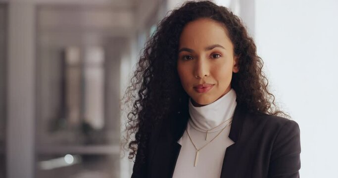 Face, vision and mission with a business black woman in her office with a positive mindset of future growth. Serious portrait with a female employee ready for development in the USA