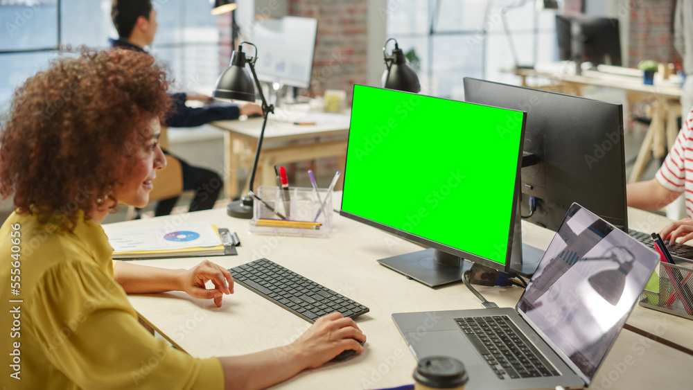 Aufkleber high angle view of a female worker using computer in a bright modern office. administrator smiling a