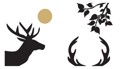 Collection of black silhouettes of deer with sun and tree branch with leaves. Abstraction on a white background