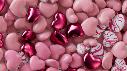 Multicolored Heart background. Valentine Wallpaper with Pink, White and Metallic love hearts. 3D Render 