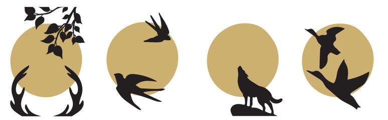 Collection of black silhouettes of a deer with a tree branch, swallows, ducks and a wolf with geometric shapes (circle). Abstraction on a white background