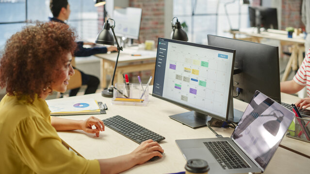 Portrait of a Young Biracial Woman Using Computer in a Busy Executive Assistant Working on Scheduling Meetings.