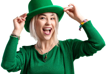St. Patrick's Day woman. Beautiful smiling woman wearing green hat.