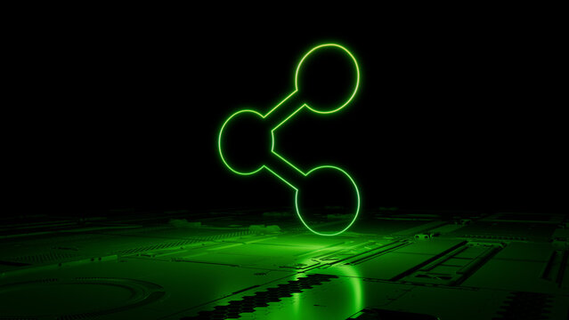 Green neon light share icon. Vibrant colored Network technology symbol, on a black background with high tech floor. 3D Render