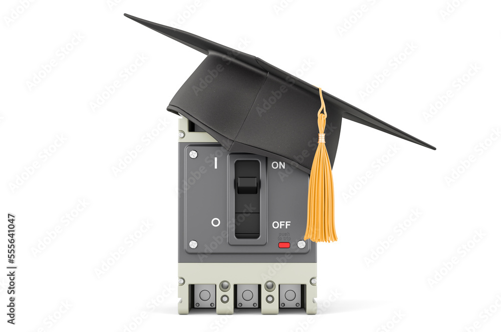 Poster circuit breaker with graduation cap. 3d rendering