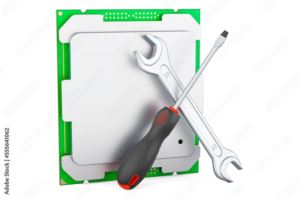 Poster cpu with screwdriver and wrench, 3d rendering