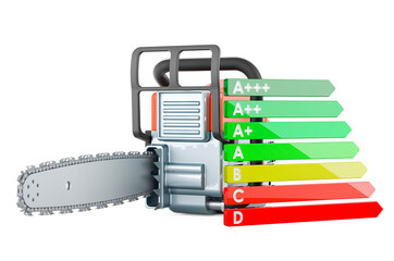 Chain saw with energy efficiency chart, 3D rendering