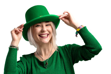St. Patrick's Day woman. Beautiful smiling woman wearing green hat.