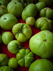 Green tomatoes of different sizes and varieties on a red background. horizontal composition, flat position, top view. bright background, vegetarianism, harvest. a great background for advertising