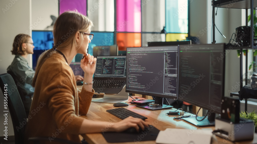 Aufkleber Professional Female Backend Software Developer Coding on Desktop Computer With Two Displays in Creative Office.Caucasian Woman Creating User Data Base for New Social Network Website or Online Store.