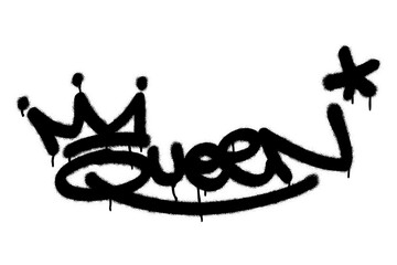 Isolated spray graffiti tag quote QUEEN, crown and star symbols over white. 