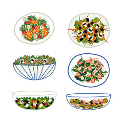 Salad with Mixed Greenery, Vegetables and Shrimps Served on Plate and Bowl Vector Set