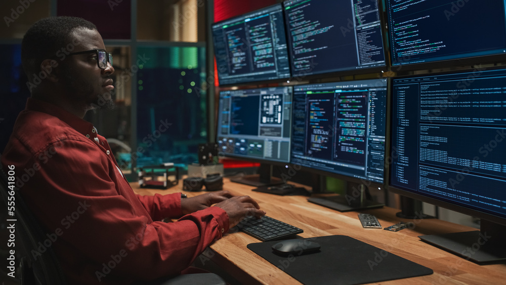 Aufkleber Black Cyber Security Specialist Coding on Desktop Computer With Six Monitors in Dark Office. African American Male Contractor Monitoring Data Protection System For Ministry Of Defence, Private Sector