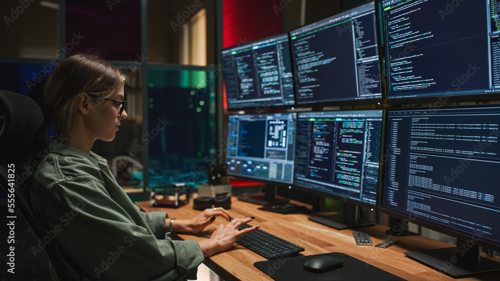 Poster Female Cyber Security Specialist Writing Code On Deskop Computer with Six Displays in Dark Office. Caucasian Woman Controlls Digital Protection System, Monitoring Data, Debugging Software Errors.