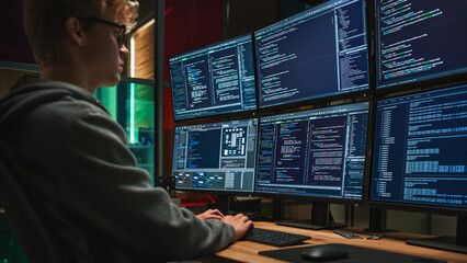 Fototapeta na wymiar Young Caucasian Man Writing Code on Professional Six Monitors Setup in Dark Office. Male Cyber Security Specialist Controlling Digital Data Protection System For International SAAS Firm